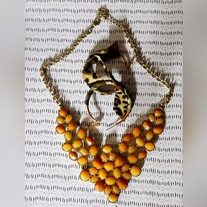 Paired Cheetah wrapped Hoops and Tan/Beige Stone Stament Necklace